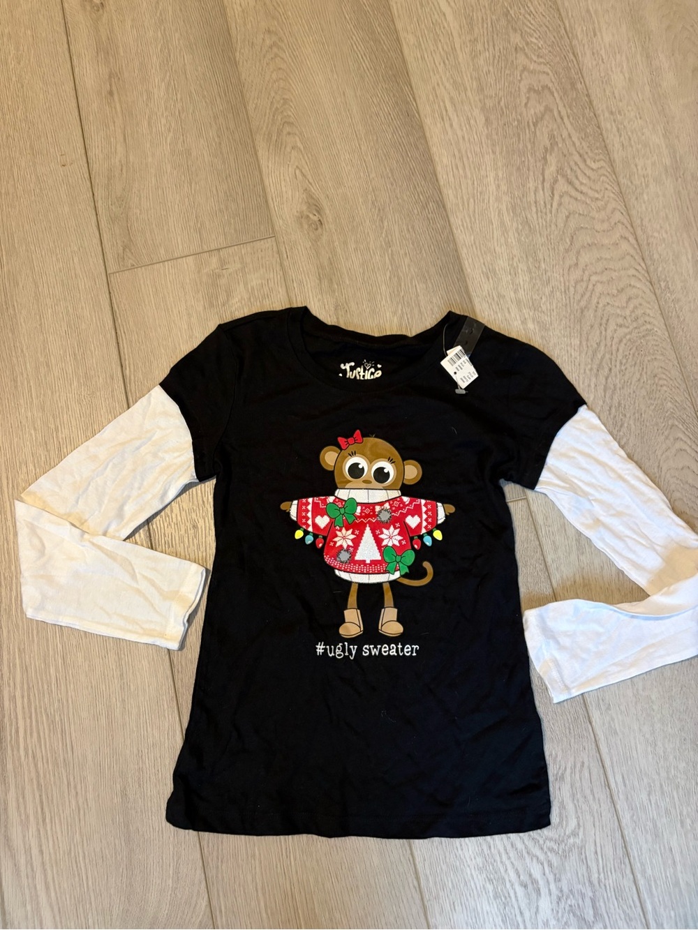 Kids Black Long-Sleeve Monkey 'Ugly Sweater' Top size 7 Justice